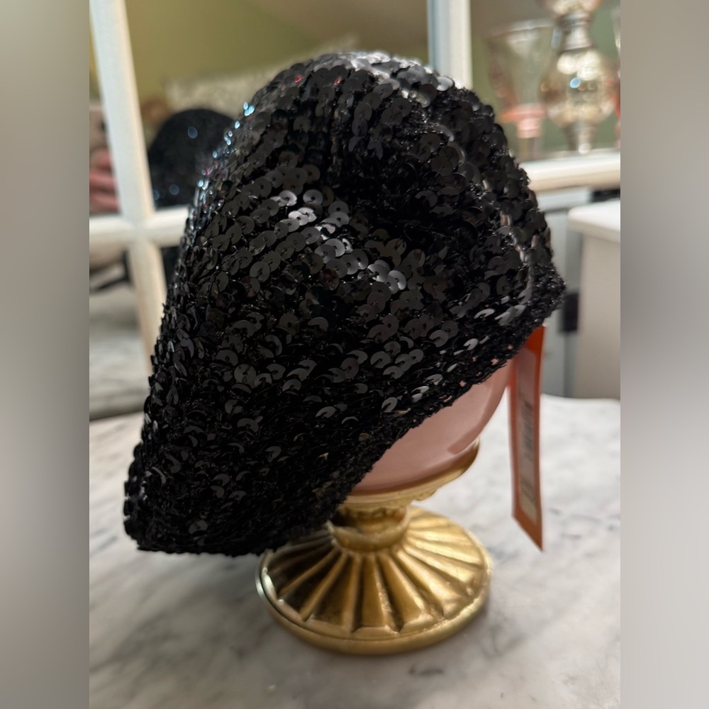 Kurt Geiger Black Sequin Beret with Eagle Head NWT